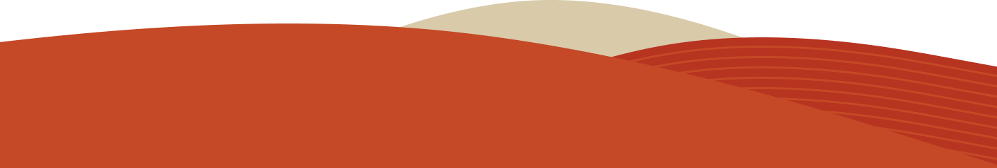 Abstract hills with blue, orange, and striped orange shapes.