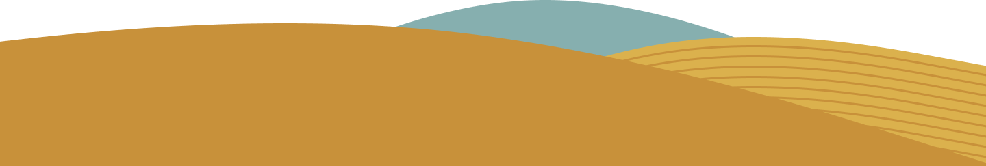 Abstract hills with blue, orange, and striped orange shapes.